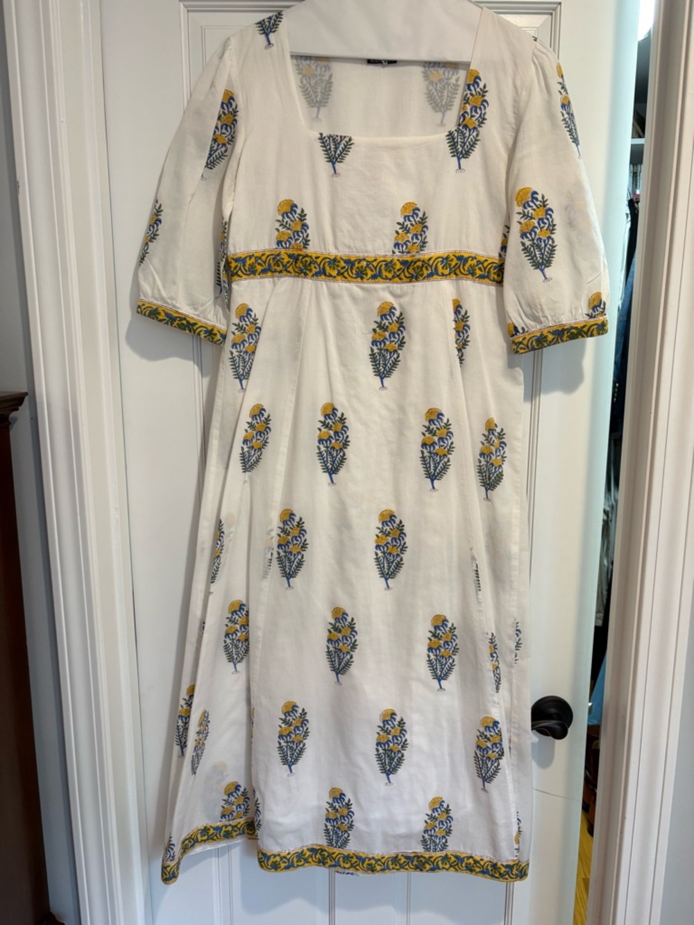 White Maxi Dress with Yellow & Blue Floral Print